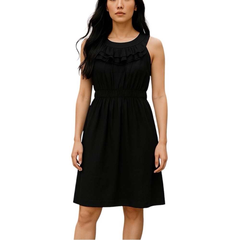 LOFT Black Sleeveless Ruffle Scoop Neck Tie Waist Stretchy Dress Womens small